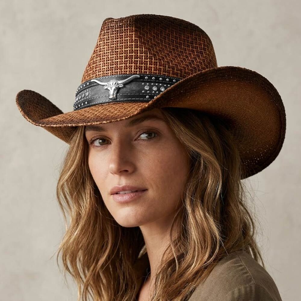 Dark Brown Western Steer Head Studded Band Straw Cowboy Hat Womens Accessory
